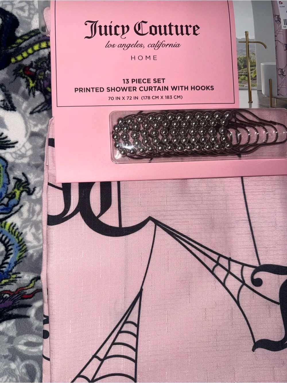 Juicy Couture Home Pink Spiderweb 13-Piece Shower Curtain Set NWT
